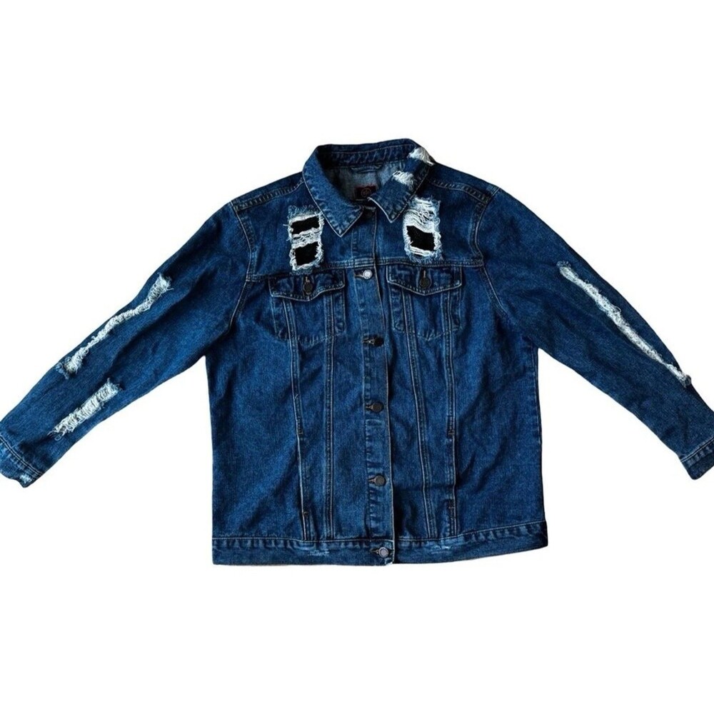 Boom Boom Jeans Distressed Denim Jacket Women’s XL Blue Net Detail